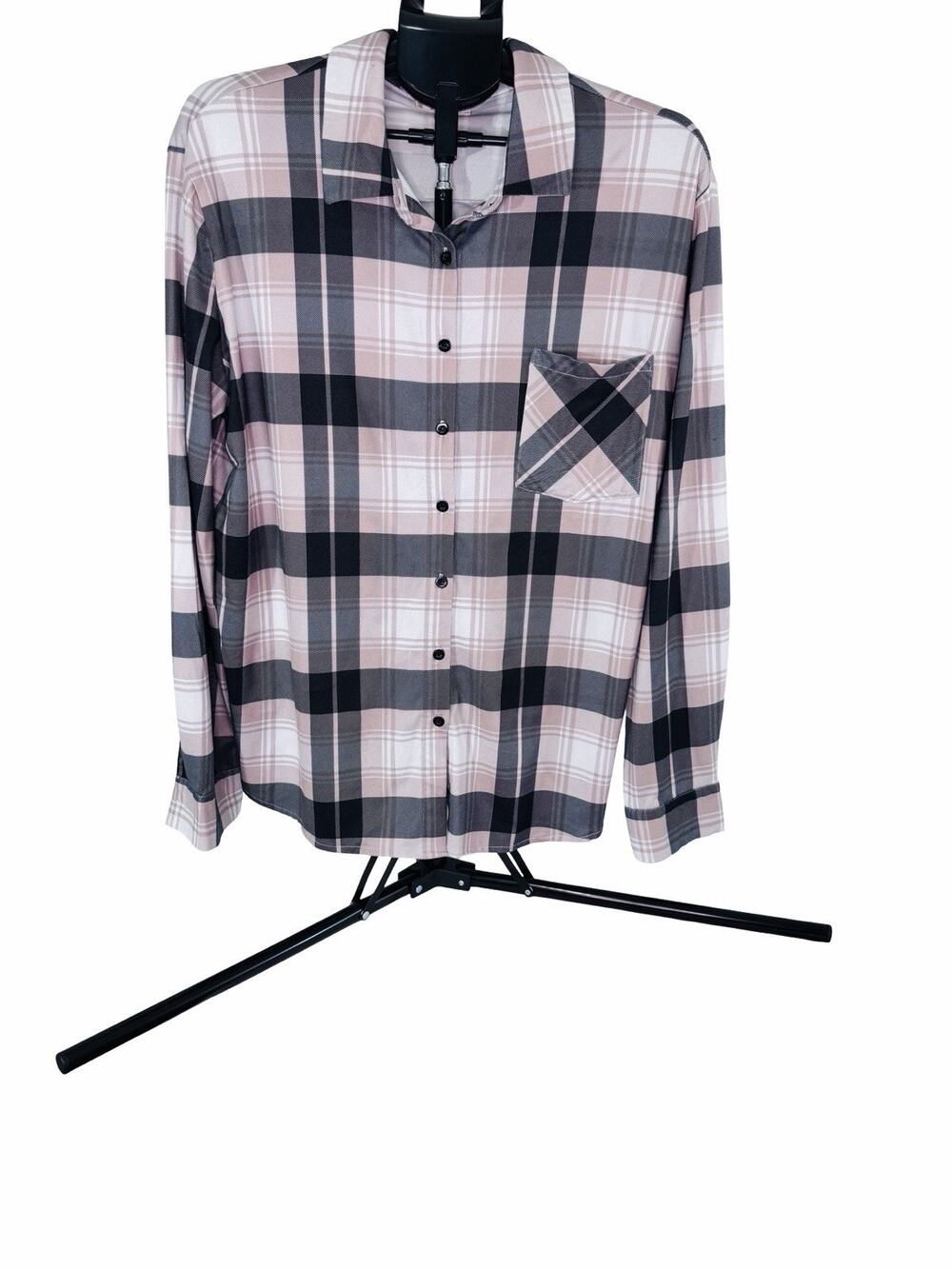 Tweed Women’s L Pink/Black/White Plaid button up LongSleeve Button-Down Pocket